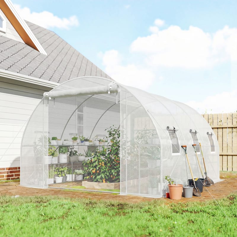 Outsunny 10'x11'x6' Walk-in Tunnel Greenhouse with Shelves, Mesh Door and Windows, Hoop House Greenhouse with PE Cover - White