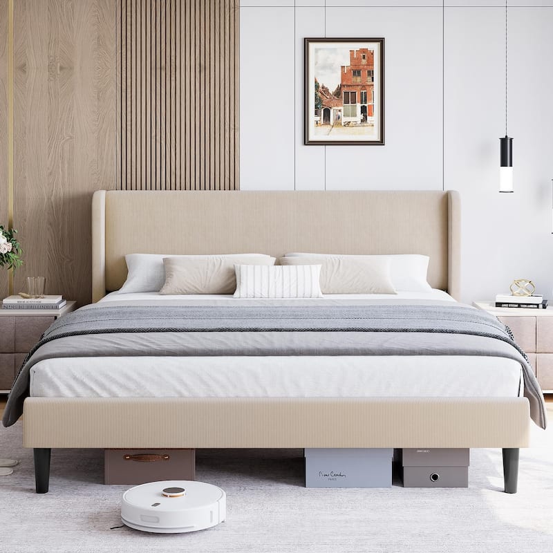 Platform Bed Frame with Upholstered Wingback Headboard - Beige - Queen