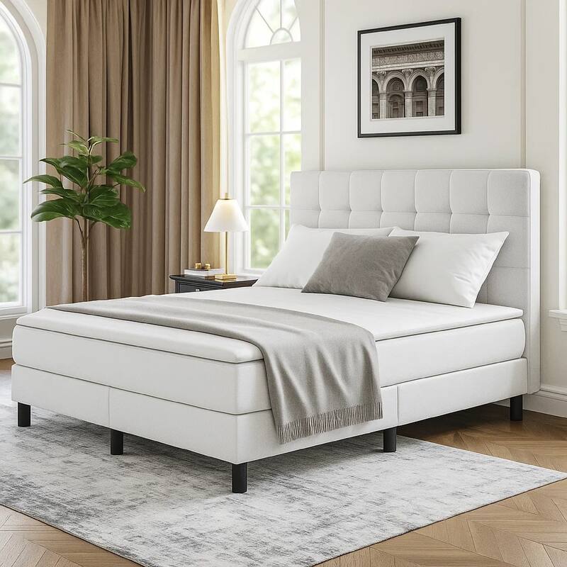 Yeri Full Size Bed Frame, White Faux Leather, Low Profile Legs