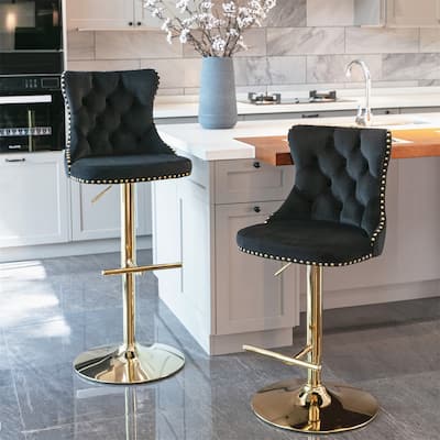 2 Piece Adjustable Swivel Velvet Upholstered Barstool with Golden Base
