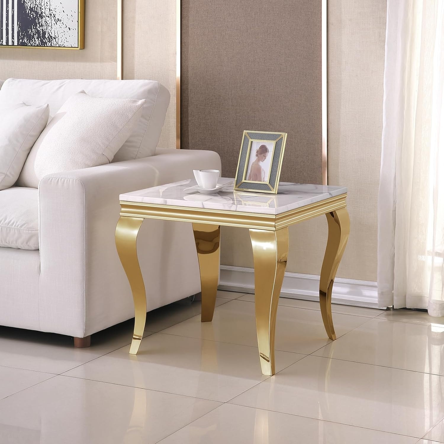 Modern Luxury Square Faux Marble Side Table with Gold Mirrored Steel Base