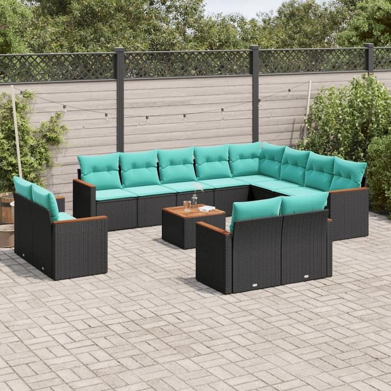 vidaXL 12 Piece Patio Sofa Set with Cushions Black Poly Rattan - 21.7x27.2x24.4-With table