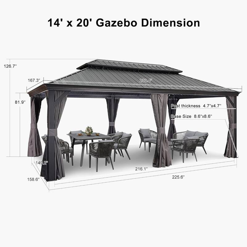 PURPLE LEAF Outdoor Galvanized Steel Hardtop Gazebo, Aluminum Frame Gazebo With Curtains and Light