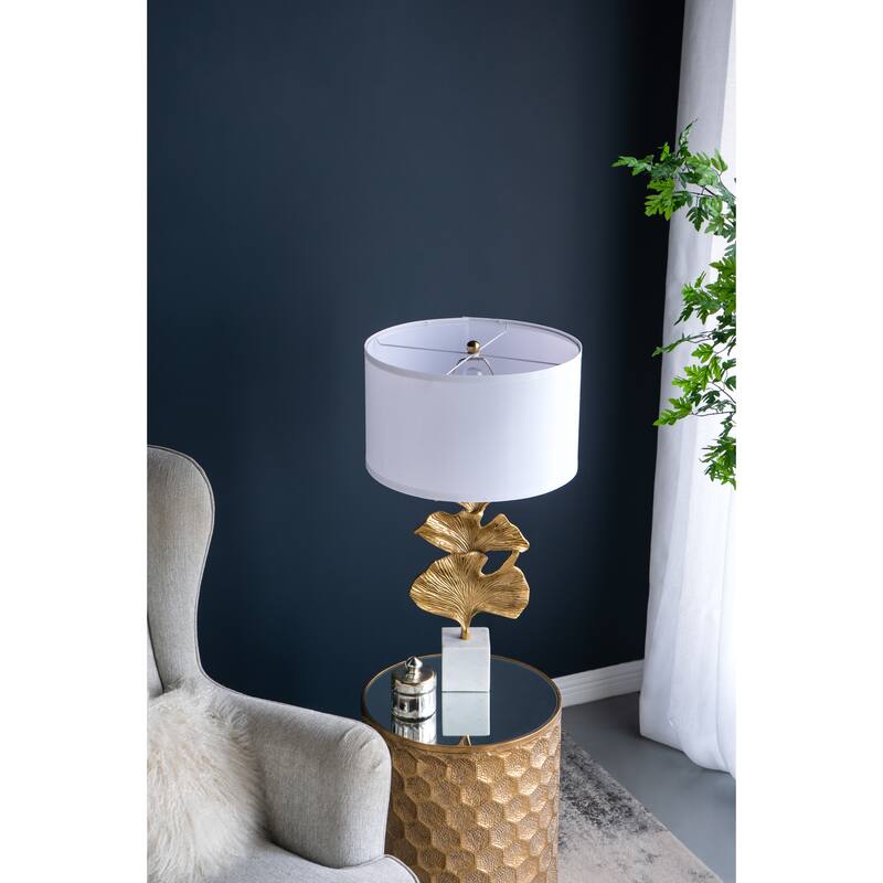 D17x30.2" Gold Ginkgo Leaf Table Lamp with Marble Base and White Drum Shade (Lamp Shade Assembly Required)