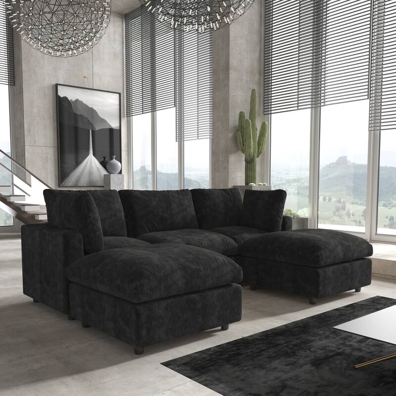 Minimalist U-shaped Upholstered Cloud Sofa 100.5" 3-Seater Chenille Modular Sectional Couch with 2 Ottomans for Living Room