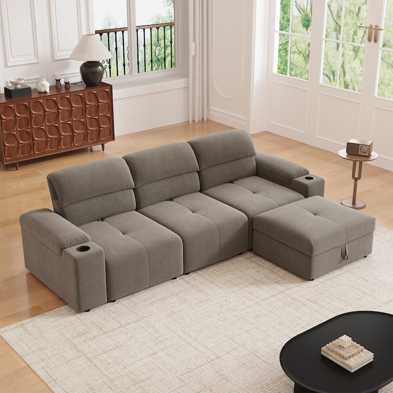 Down Filling Modular Deep Seat Couch L-shaped Sectional Sofa with Adjustable Backrest, Cup Holders, Storage Armrests and Ottoman - Brown