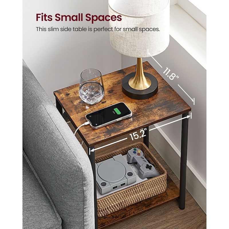Rustic Brown Wood End Table with Charging Station, Storage Shelf, and USB Ports - 11.8”D x 15.2”W x 18.9”H