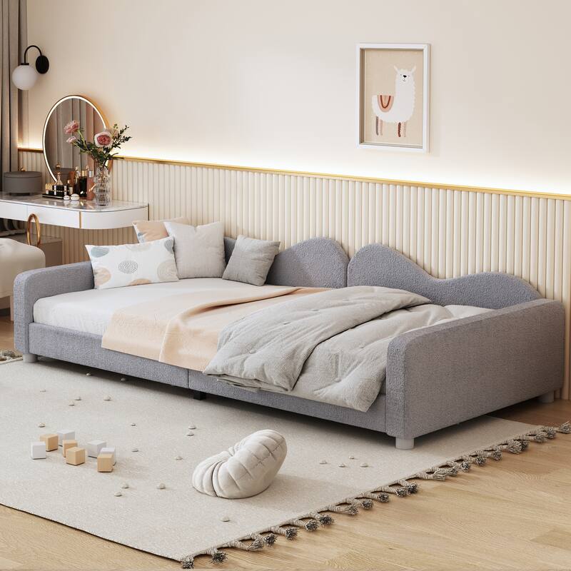 Twin/Full size Upholstered Daybed, Sherpa Fabric Sofabed with Cloud-Shaped Backrest