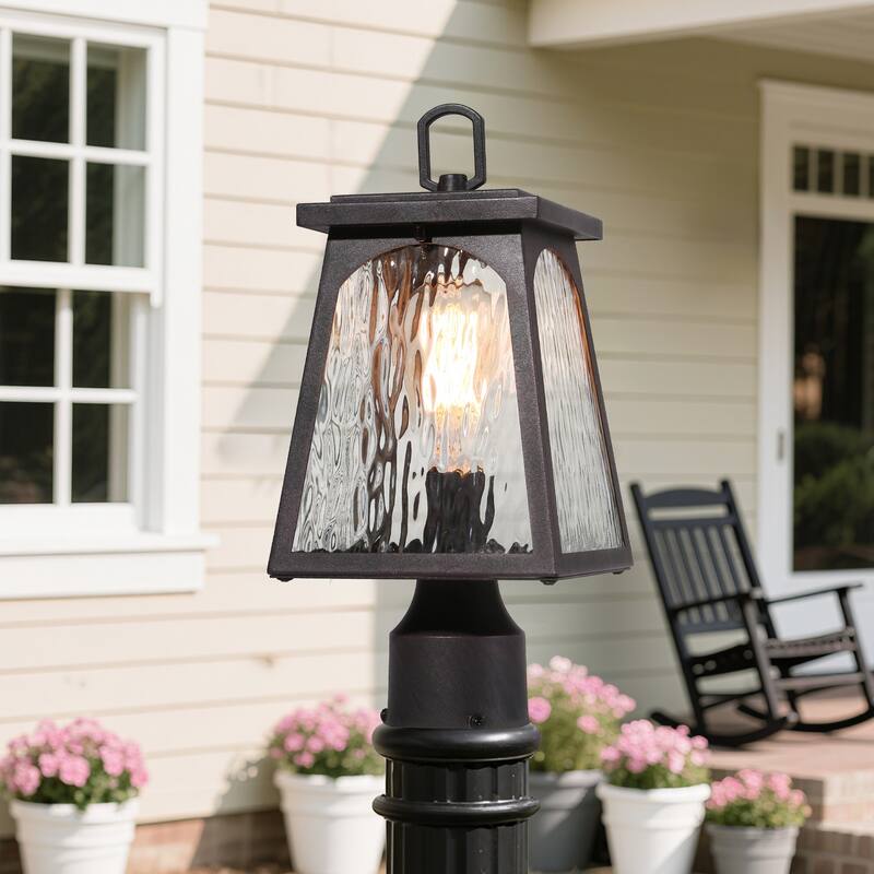 Modern Farmhouse 1-Light Outdoor Post Light Black Lantern with Water Ripple Clear Glass - W 6.7" x H 14.6"