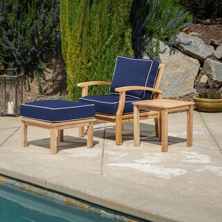 Indonesian Teak 3-Piece Club Chair Set with Side Table, Ottoman, and Sunbrella Cushions