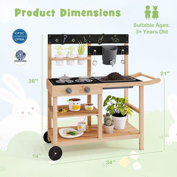 Outdoor Fir Wood Play Kitchen with Blackboard and Planting Pots-Natural - Multi