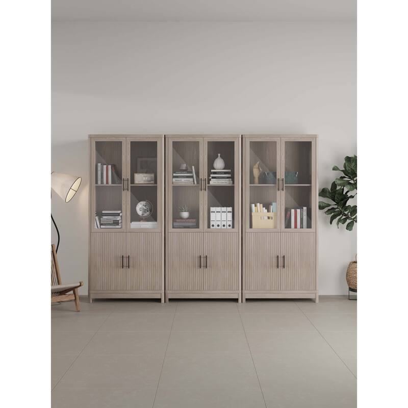 Manhattan Comfort Mid Century Modern Jodie Bookcase with Adjustable Shelves - Beige - Set of 3