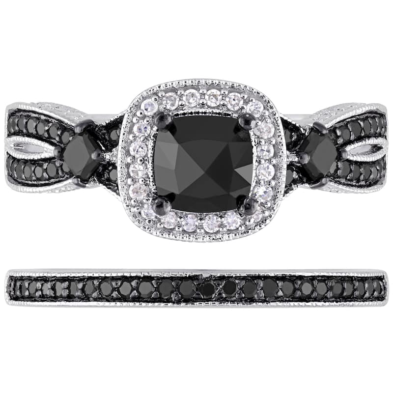 Miadora Signature Collection Sterling Silver with Black Rhodium 1 1/2ct TDW Black and White Diamond Split Shank Bridal Ring Set