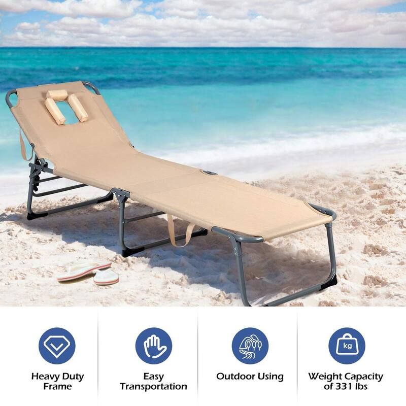 Tanning Chair, Beach Lounge Chair with Face Hole, 5 Level Adjustable Backrest, Pillow & Carry