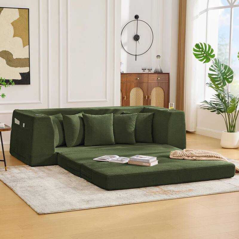 2 in 1 Convertible Sofa Bed, Sleeper Sofa with Storage Pockets, Pull Out Loveseat Couch with Two Cup Holders