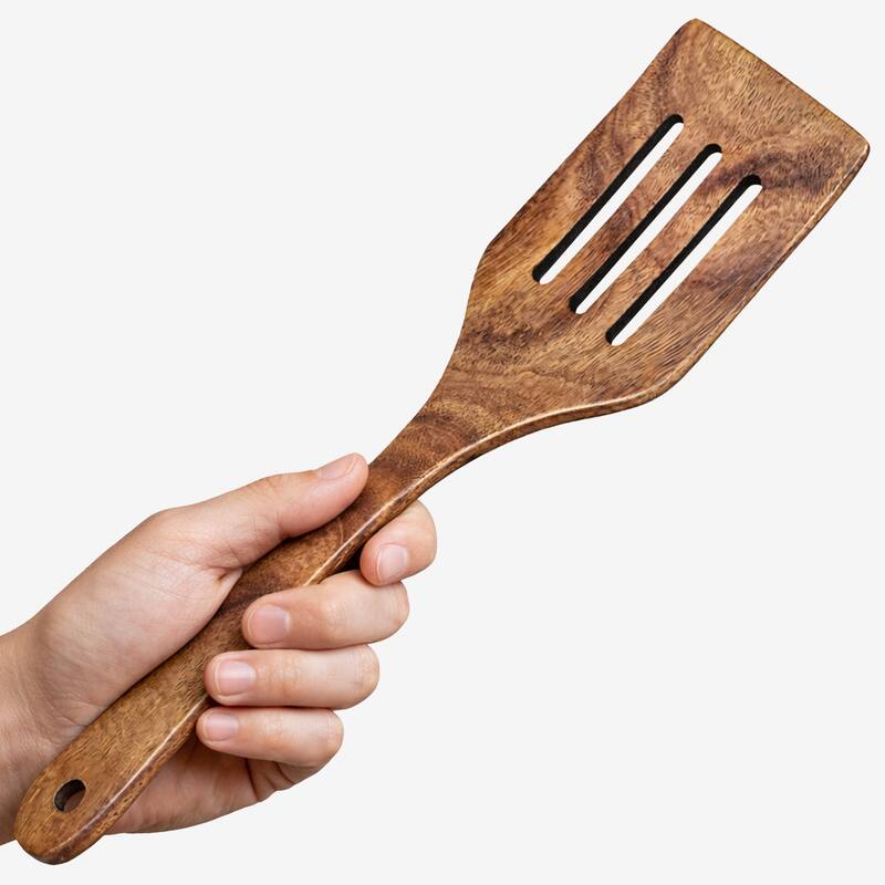 Cheer Collection Teak Wood Slotted Cooking Spatula with Drain Slots for Nonstick Cookware - Brown