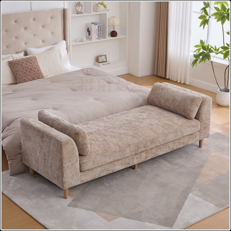 83.1"Wide Chenille Upholstered End of Bed Bench with Armrests - Wheat 