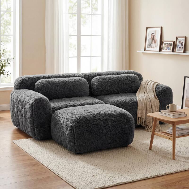 Homy Casa Modular Sectional Sofa, Dark Grey Plush Fabric with Non-Slip Base, No Assembly Living Room Couch with Pillows - G2
