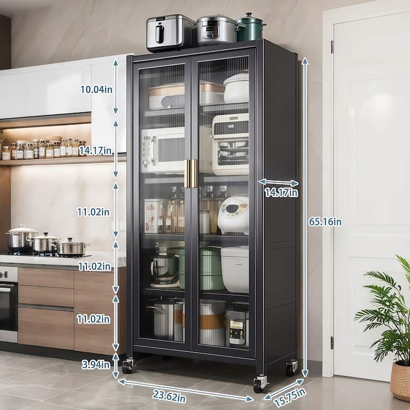 65" Kitchen Pantry Storage Cabinet on Wheels, 6 Tier Metal Display Storage Cabinet with Transparent Door & Adjustable Shelves