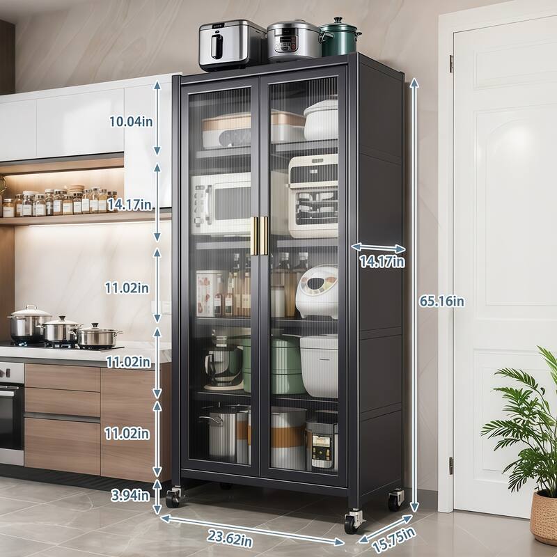Kitchen Pantry Storage Cabinet with Wheels, 6 Tier Metal Buffet Cabinet with Transparent Door & Adjustable Shelves