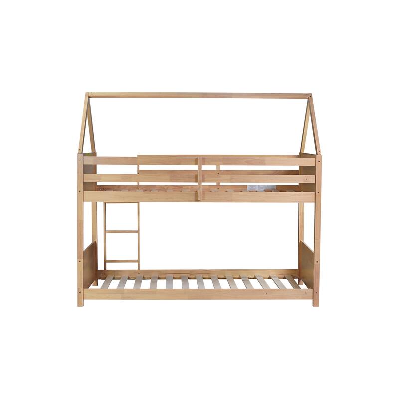 Twin over Twin House Floor Bunk Bed, Wooden House Shaped Bed Frame, Rubber Wood Twin Size Bunk Bed with Safety Guardrails
