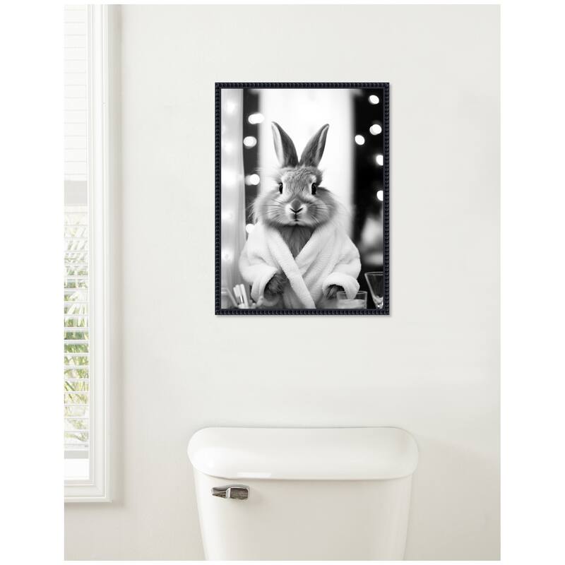 Kate and Laurel Sylvie Bunny Glam Bathroom Art Towel Robe Black and White Framed Canvas by The Creative Bunch Studio