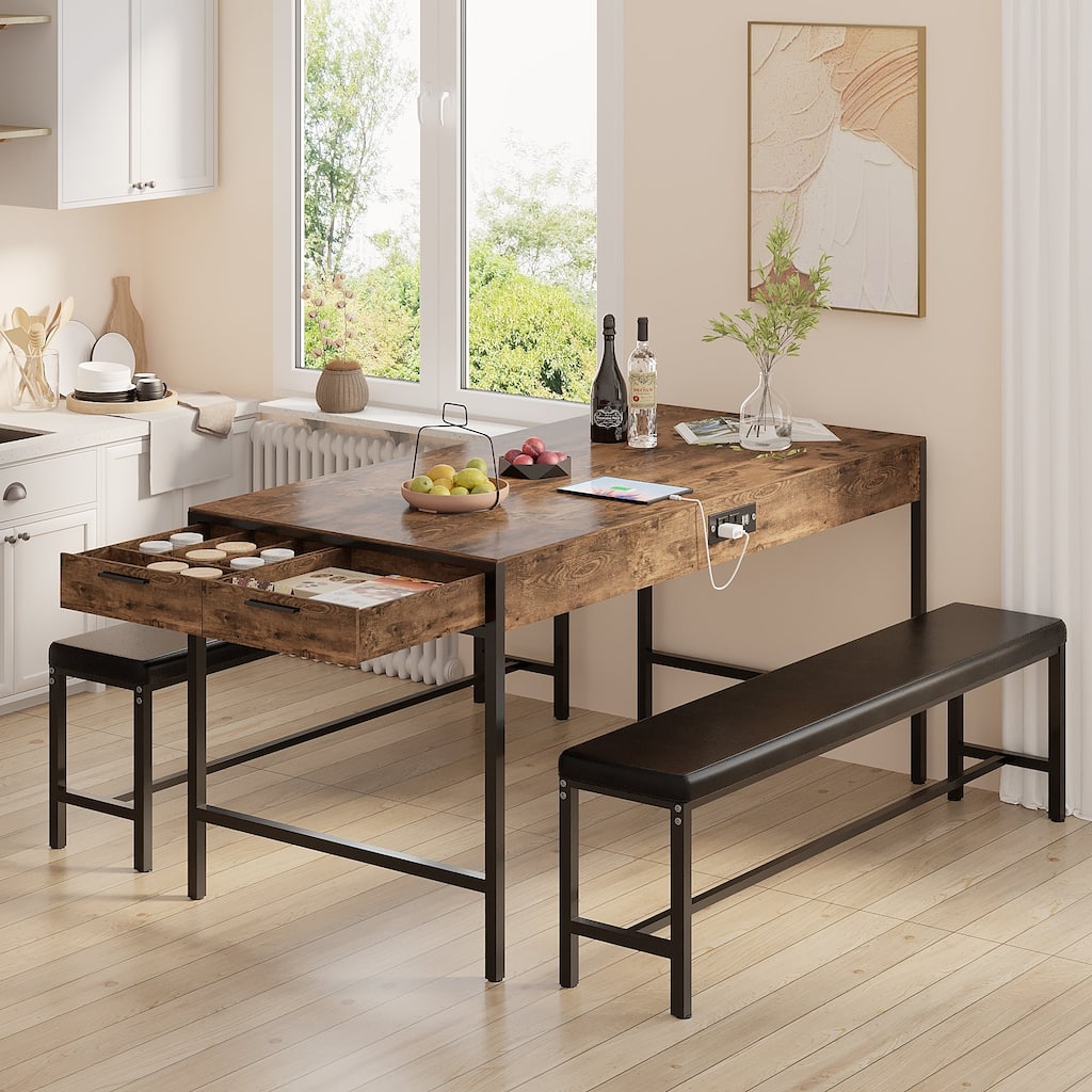 VECELO Table and Chairs Set for 4-6, 39.4"Dining Table Set with Power Outlet 2 Utensil Drawers 2 Benches&Wine, Dinner Table Set