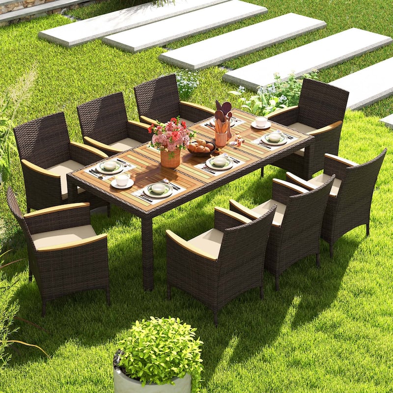 Costway 9PCS Outdoor Dining Set with Acacia Wood Table Top Patio