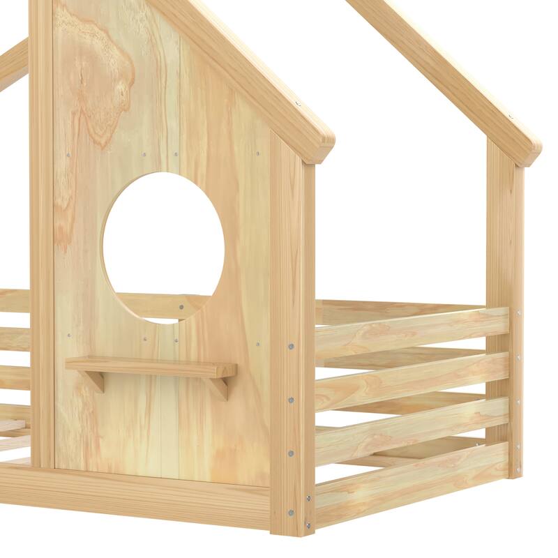 Wooden House Floor Bed, Modern Kids Montessori Playhouse Bed Frame with Window and Roof