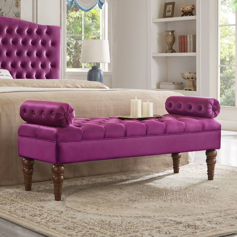 Velvet Long Bed Bench for Bedroom,Upholstered Window Bench with Tufted Button,Entryway Bench,Bolster Bench for Living Room - Violet