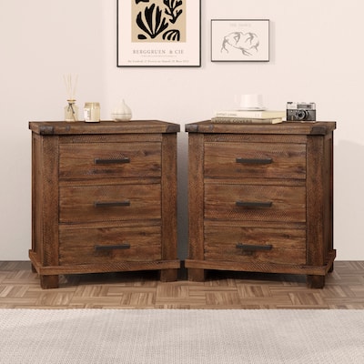 Reclaimed Wood Nightstand Set of 2 with 3 Drawers, Side End Table Bedside Nightstand with Legs, Solid Wood Bedside Table