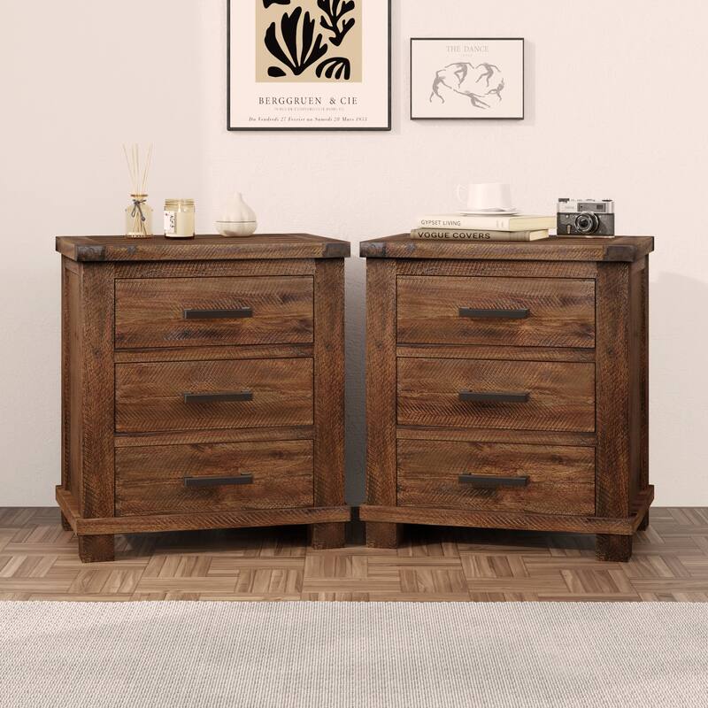Rustic Farmhouse Nightstand - Reclaimed Solid Wood, Three Drawer Bedside Table, Small Wooden Dresser, Set of 2 - Natural