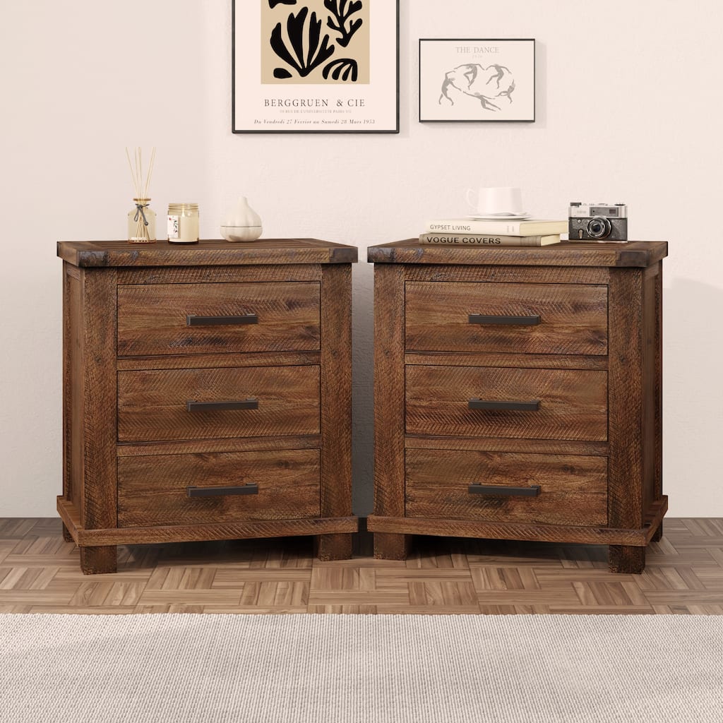 Rustic Three Drawer Reclaimed Solid Wood Farmhouse Nightstand Set of Two