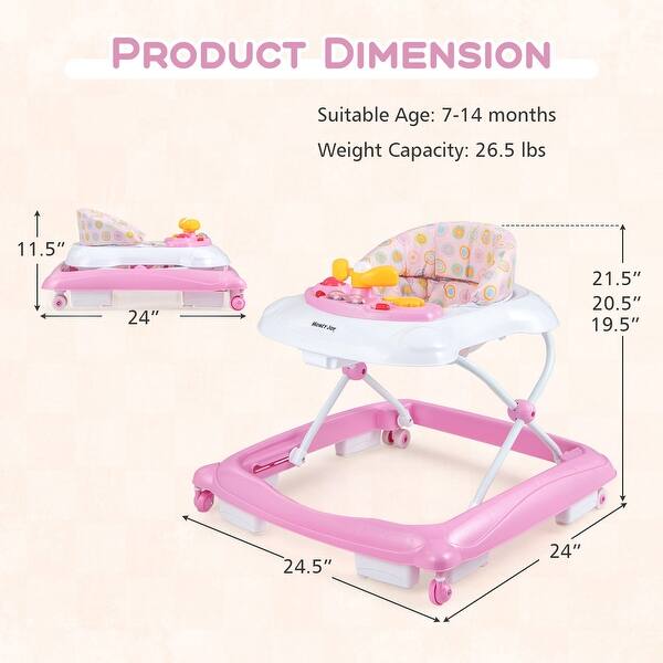 dimension image slide 0 of 3, Honeyjoy Foldable Baby Walker with 3 Adjustable Heights Comfy Padded - See Details