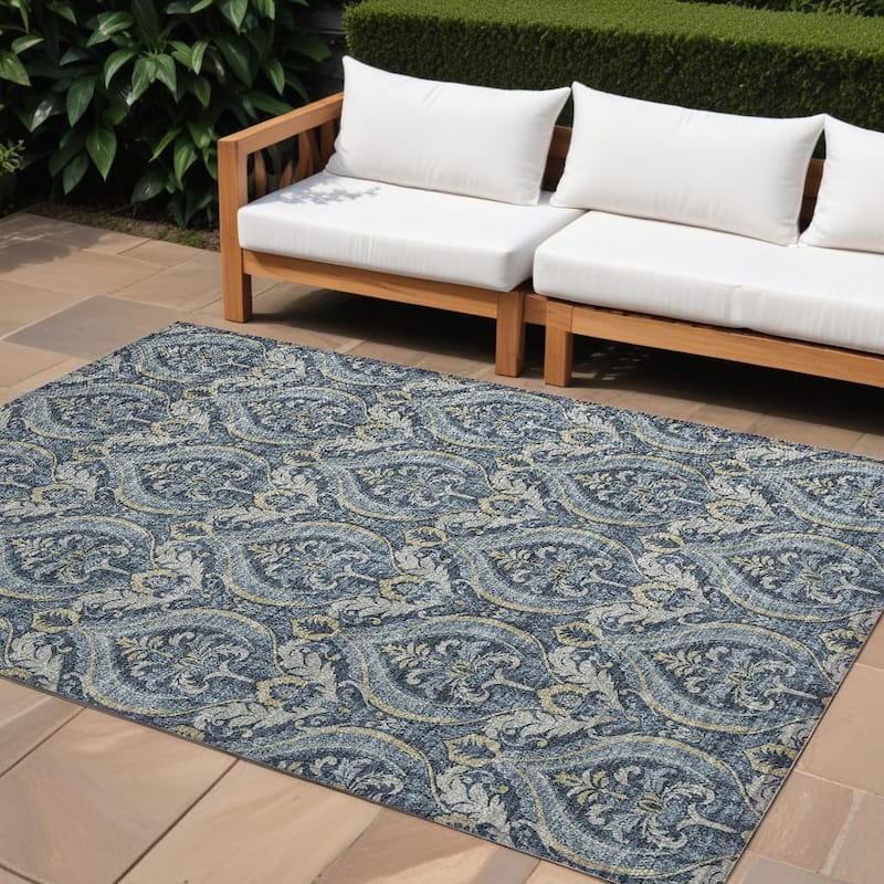 Rami Graceful Floral Weather Resistant Classic Meets Modern Outdoor Rug - 10' X 14' - Blue/Cream