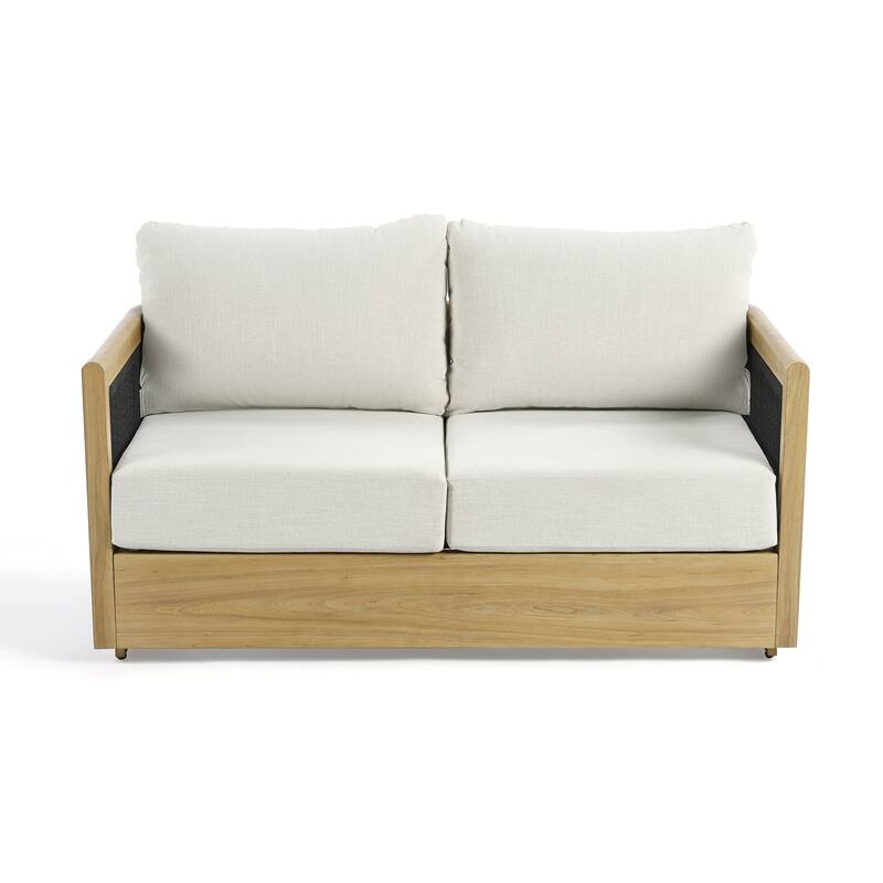 Overture 2-Person Natural Wood Grain Aluminum Hand-Woven Rope Patio Loveseat with Beige Cushions