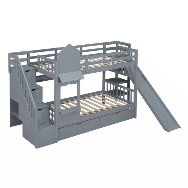 Twin-Over-Twin Castle Style Bunk Bed with 2 Drawers 3 Shelves and Slide