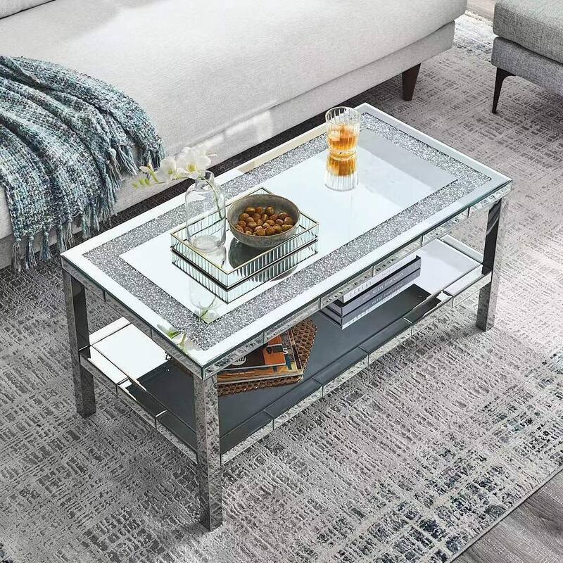 2-layer Crystal Mirror Coffee Table with Stainless Steel Fframe