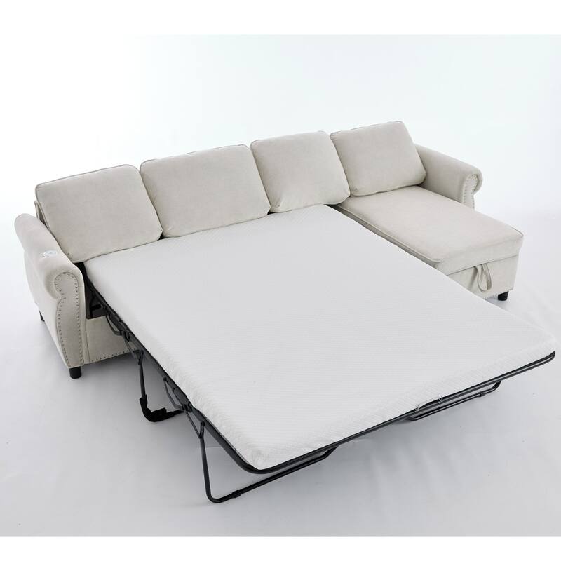 106.5" L-Shaped Flannelette Sectional Sofa with Pull-Out Bed