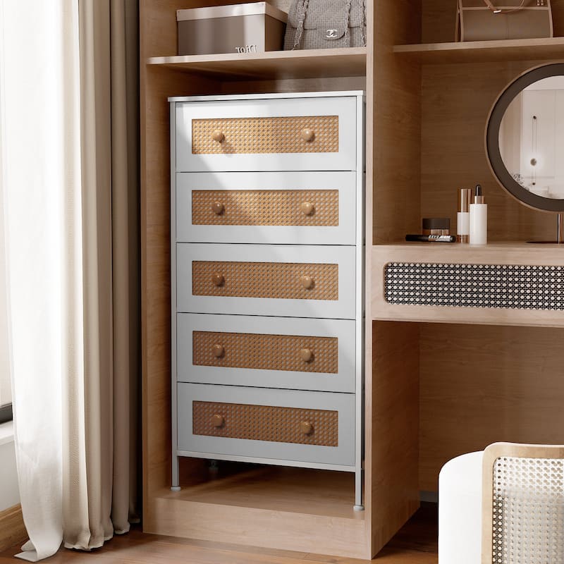 Crestlive Dresser Closet PE Wicker Rattan Storage Tower Organizer Chest of 5 Drawers