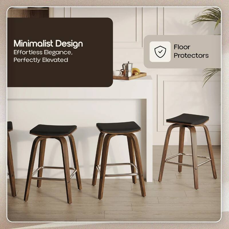 Pelya Leather Swivel Square Counter Stool with Wood Legs and Chrome Footrest for Kitchen Island or Dining Area Set of 2