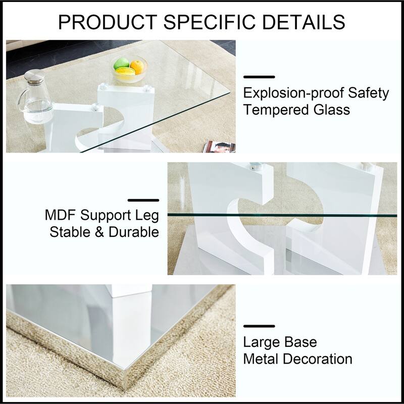 Rectangular Coffee Table with Tempered Glass Tabletop and White MDF Legs