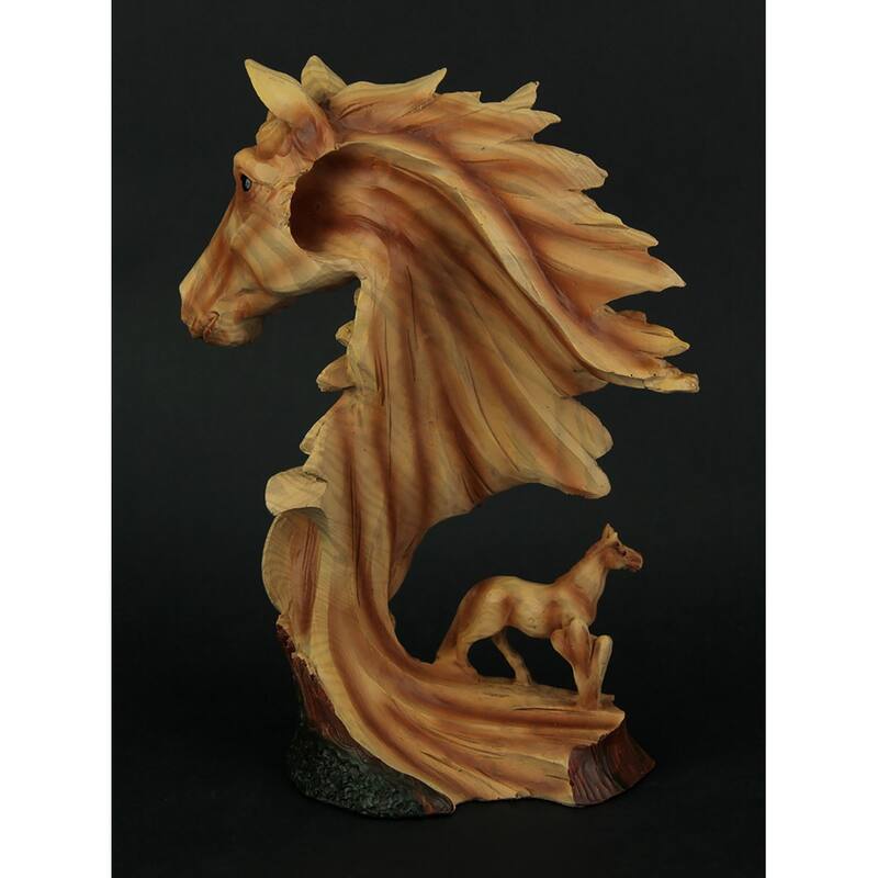 Western Horse And Native American Chief Carved Wood Look Bust Statue - 11.5 X 8.25 X 4.25 inches