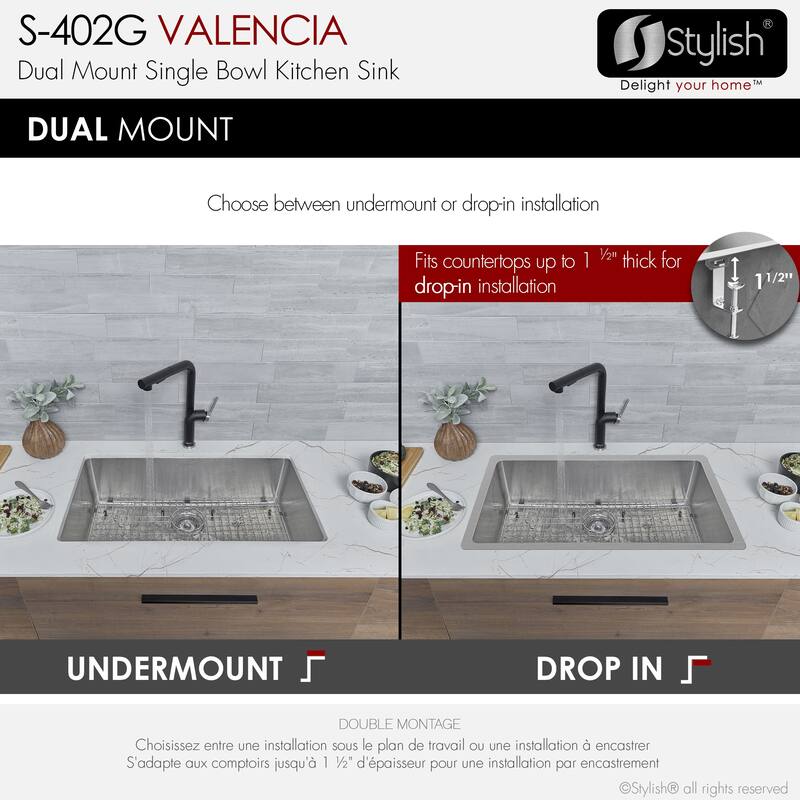 STYLISH Dual-Mount 31" Single-Bowl Stainless Steel Kitchen Sink with Grid and Strainer - 31" x 18" x 9"