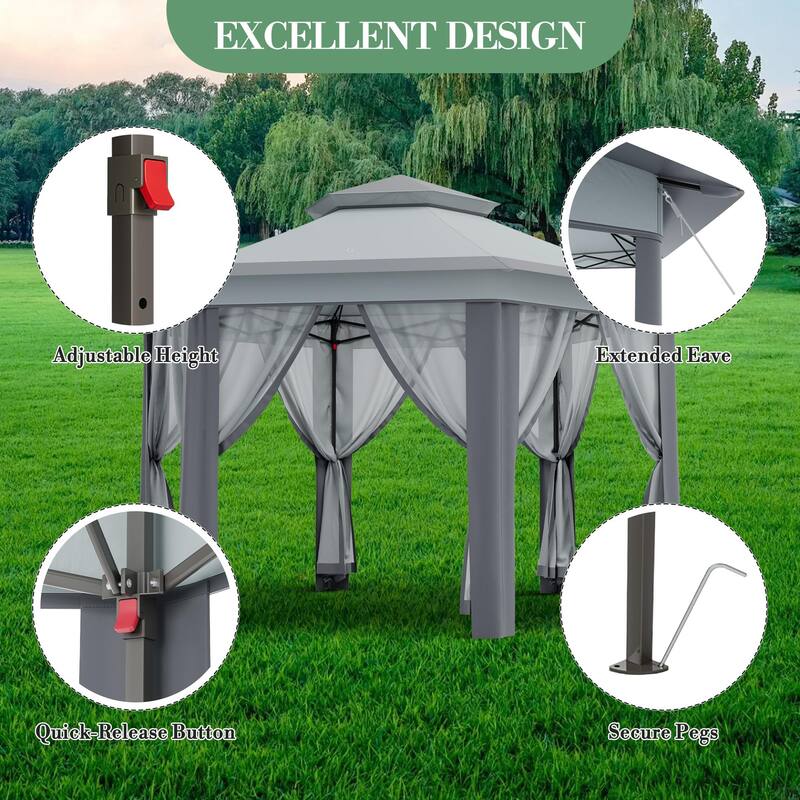 Pop Up Gazebo, Hexagonal Canopy Shelter with 6 Zippered Mesh Netting, Event Tent with Strong Steel Frame
