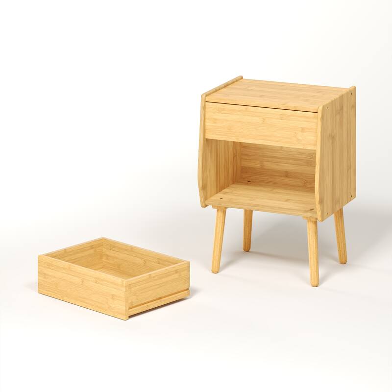 Nightstand With Drawer And Open Compartment, Solid Wood Legs