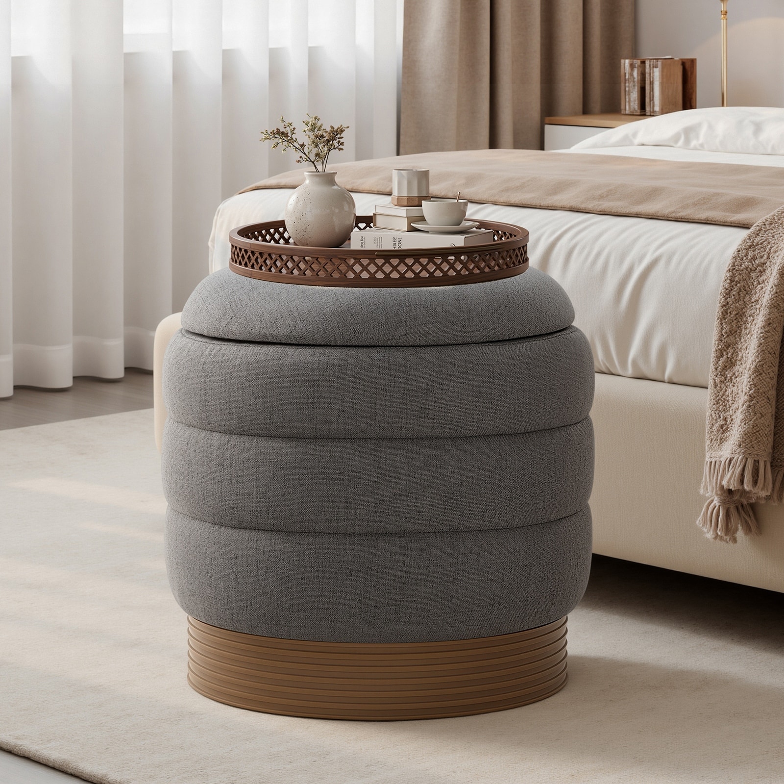Round Swivel Storage Ottoman Footrest Linen Upholstered Accent Seat with Tray Top, Fully Assembled and Acacia Wood