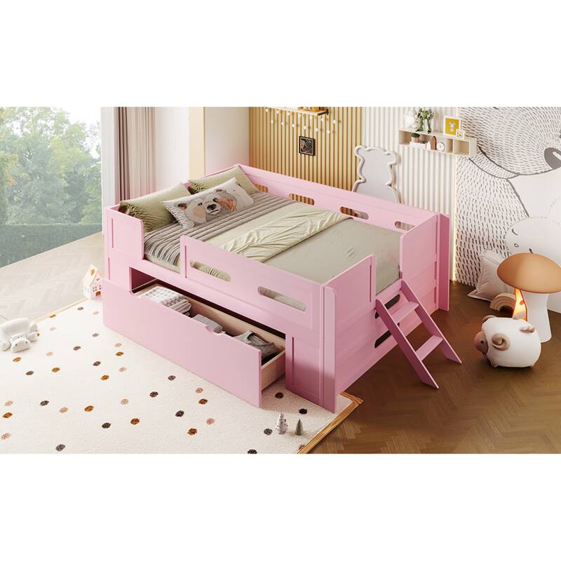 Roomfitters Full/Twin Size Wood Platform Bed with Underbed Storage Drawer and Safety Guardrails, Modern Low Loft Frame