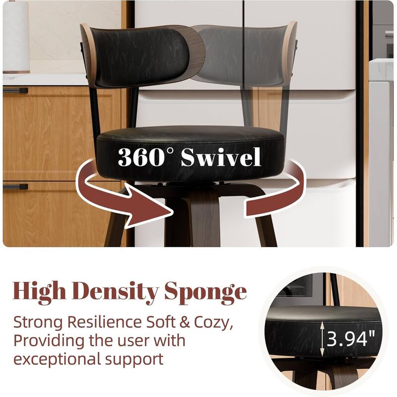 XINMICS 26 Inches Swivel Counter Height Bar Stools with Faux Leather Upholstered Pad Wood Back, Set of 2/3/4