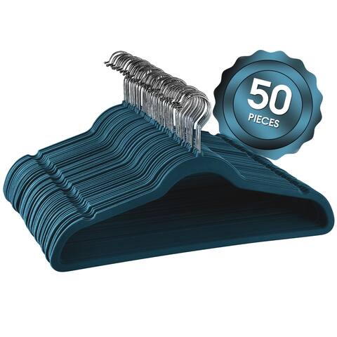 Elama Home 50Pc Velvet Slim Clothes Hangers w/ SS Swivel Hooks in Blue